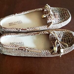 Michael Kors Tan Brown Snake-Print Moccasin Loafers with Gold Accents